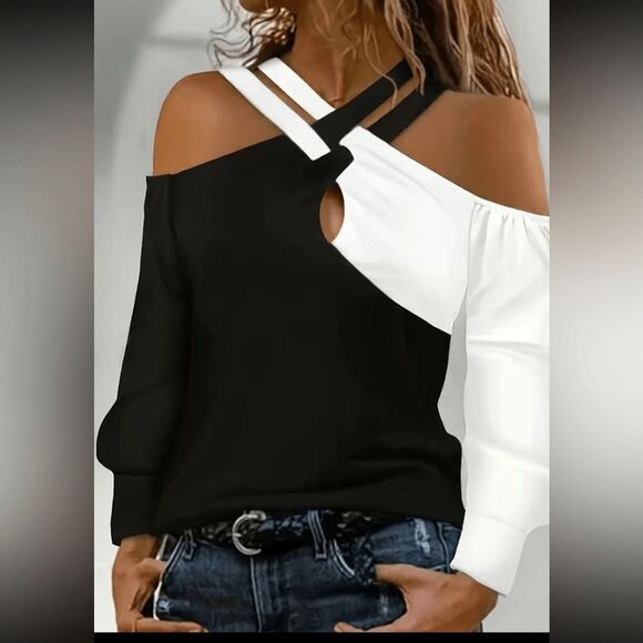 Black and white cold shoulder long sleeve crisscross top. NWOT - Picture 1 of 7